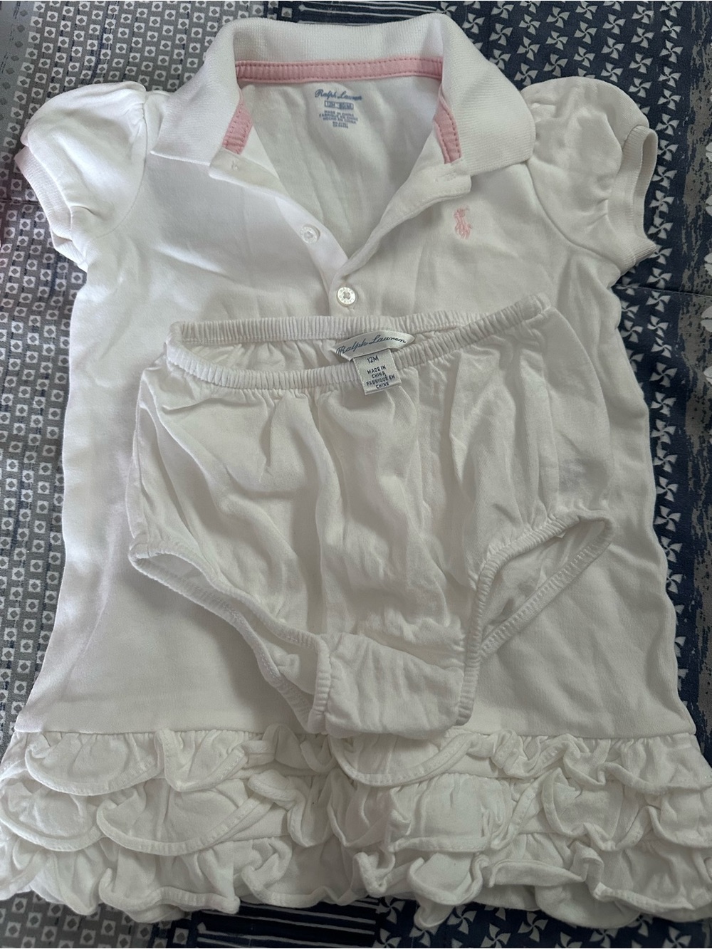 Ralph Lauren White Baby Polo Dress with Pink Accents